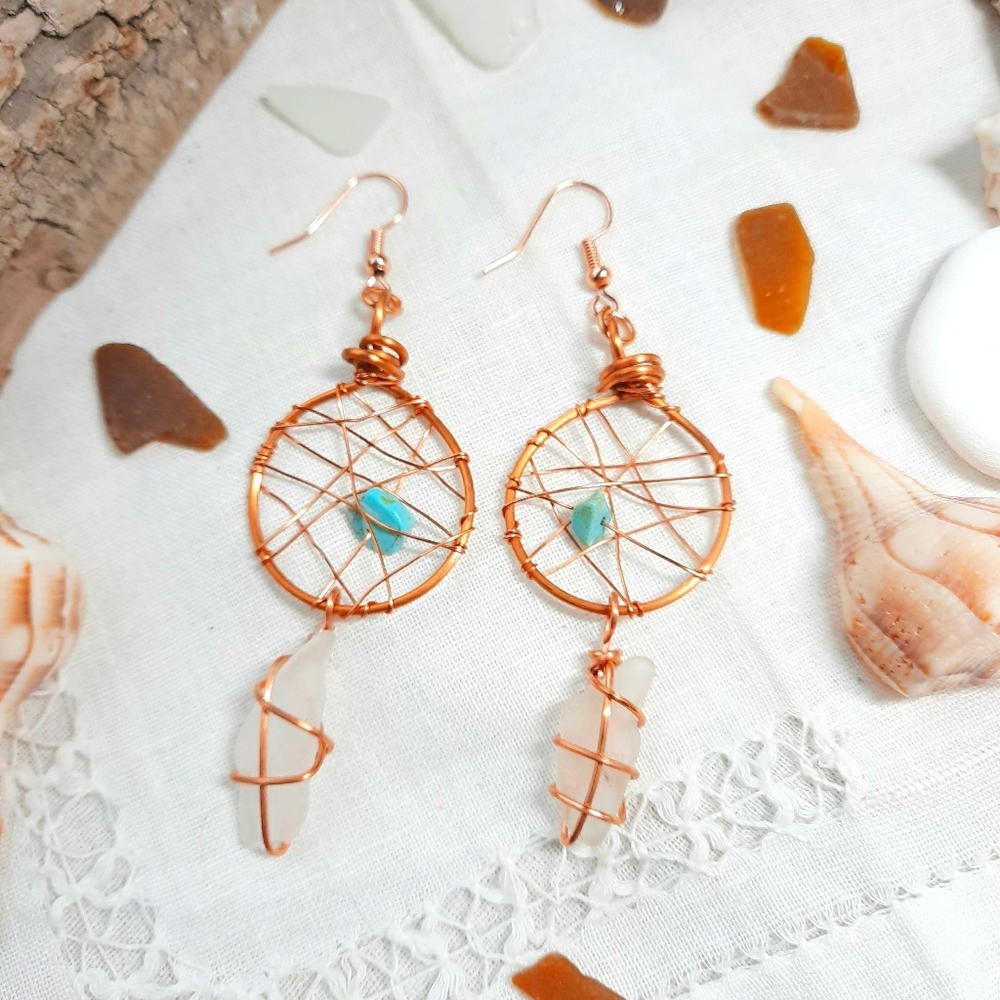 Wire Wrapped Seaglass Copper Dreamcatcher Earrings